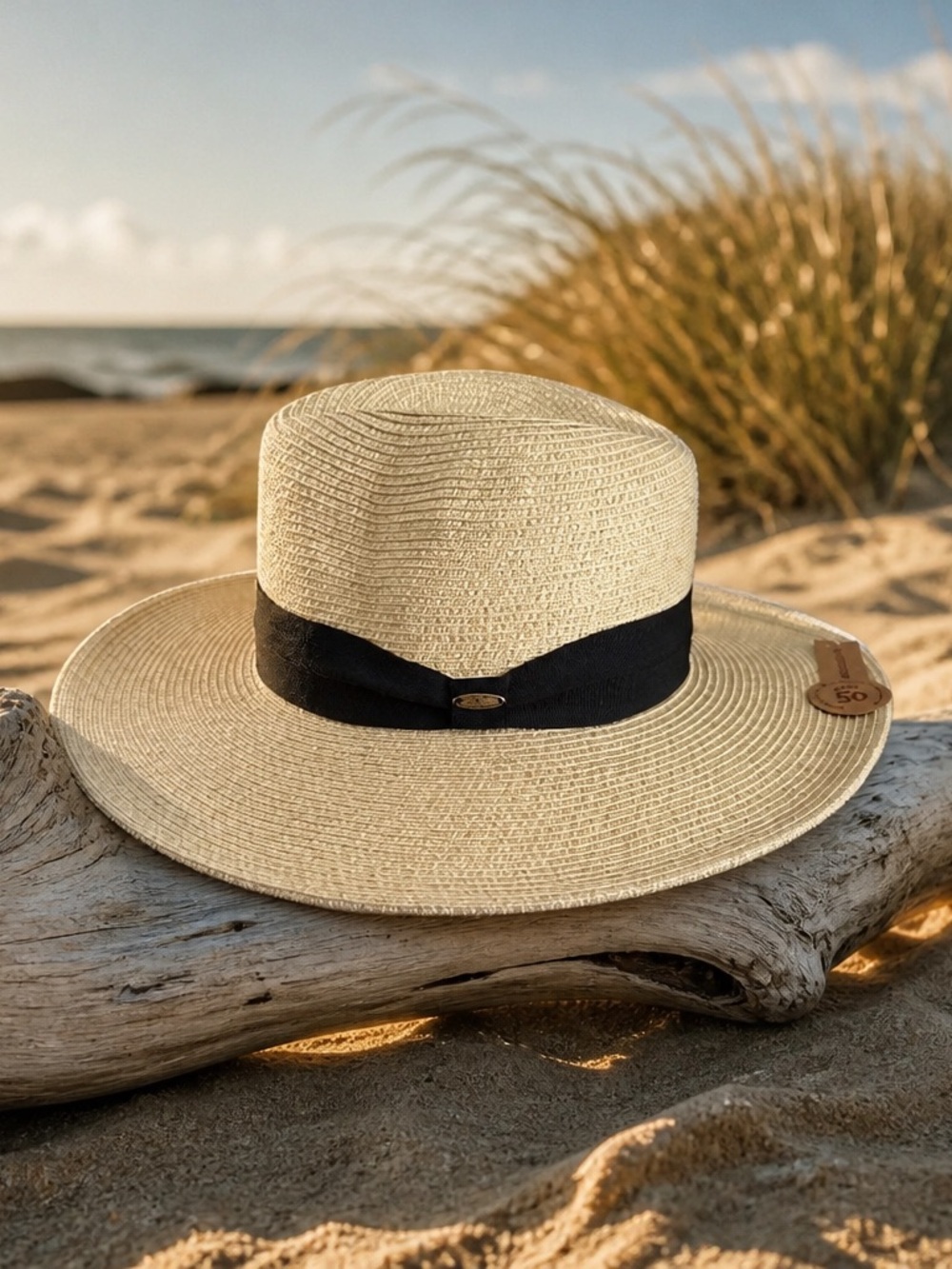 Straw Sun Hat with Black Band - Packable Beach Fedora
